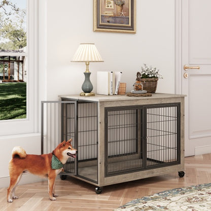 Furniture Style Dog Cage Side Table With Wheels With Double Doors And A Raised Top. Grey - DropOnline.co