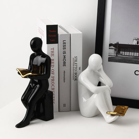 Premium White Porcelain Reading Figure Set - European Style Office Decoration