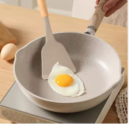 Non-Stick Silicon 12 Pcs Heat Resistant Wooden Handle Kitchen Cooking Utensils Set, Khaki Color - DropOnline.co