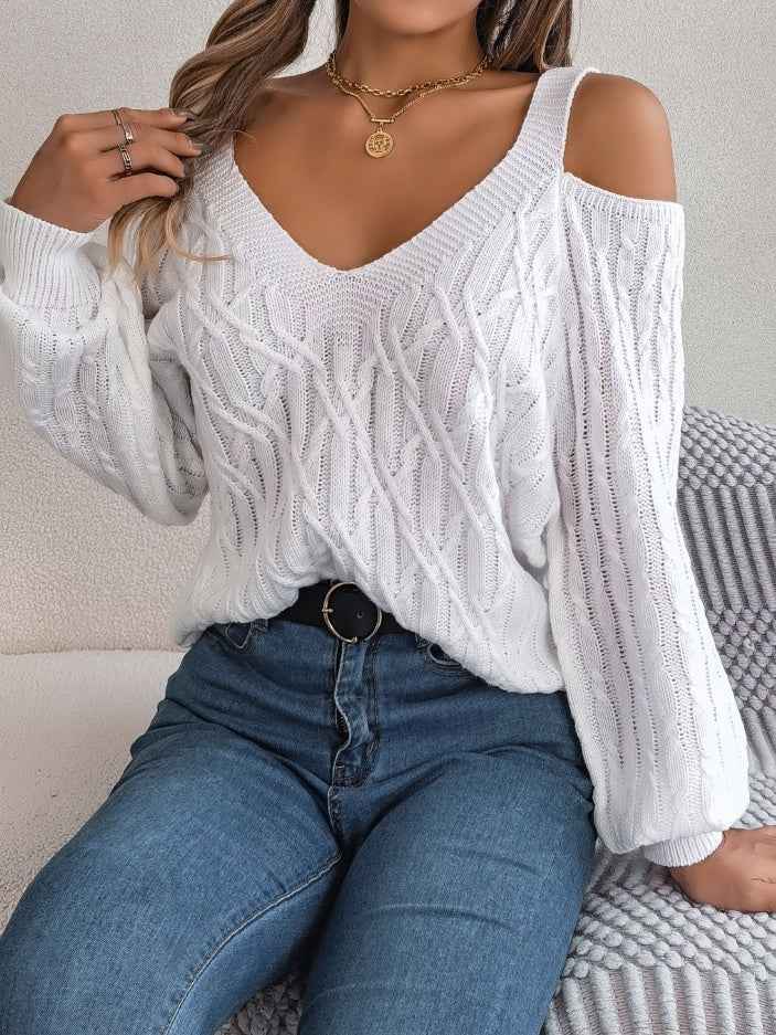 Women Casual Solid Color Cable Knit Off-Shoulder Lantern Sleeve Sweater