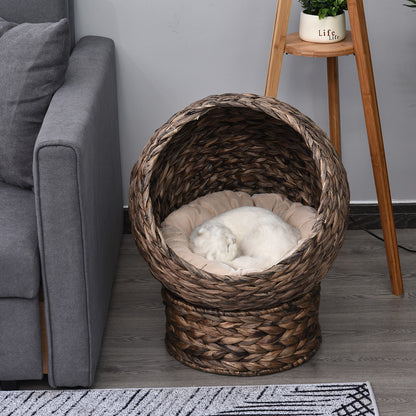 Handmade Wicker Elevated Cat Bed With Cushion Dark Brown For Kittens - DropOnline.co