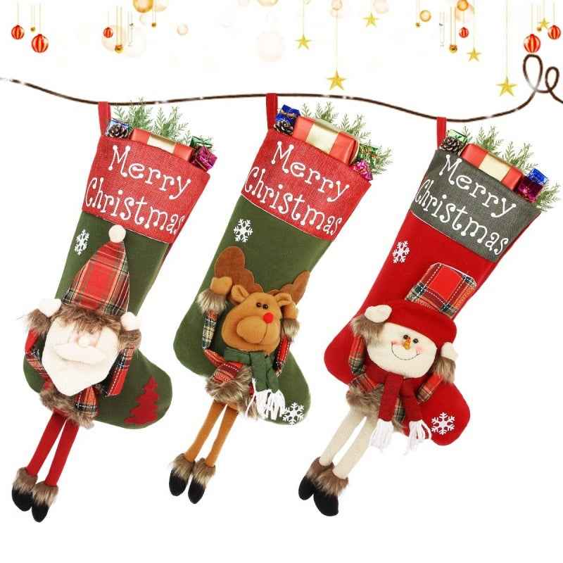 Christmas 3D Plush Big Stockings Set - Santa Snowman Elk Tree Pendant Decorations - DropOnline.co