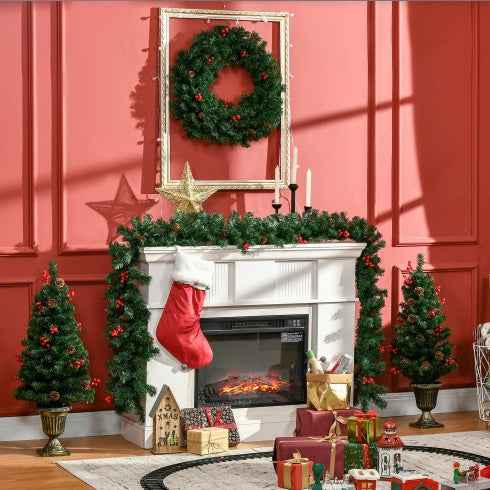 HOMCOM Prelit Holiday Christmas 4-Piece Set - Garland Wreath & 2 Entrance Trees - DropOnline.co