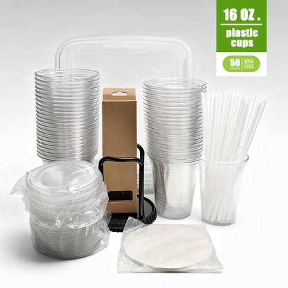50Pack 16oz Disposable Cups COMPLETE KIT With Lids  Straws Includes 15Quart Storage Bin, Glass Straws  Dispenser Rack  For Wedding, Catering, Party  Coffee Events - DropOnline.co