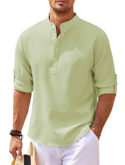 Men's Long Sleeve Stand Collar Shirt - Solid Color Casual Button-Up