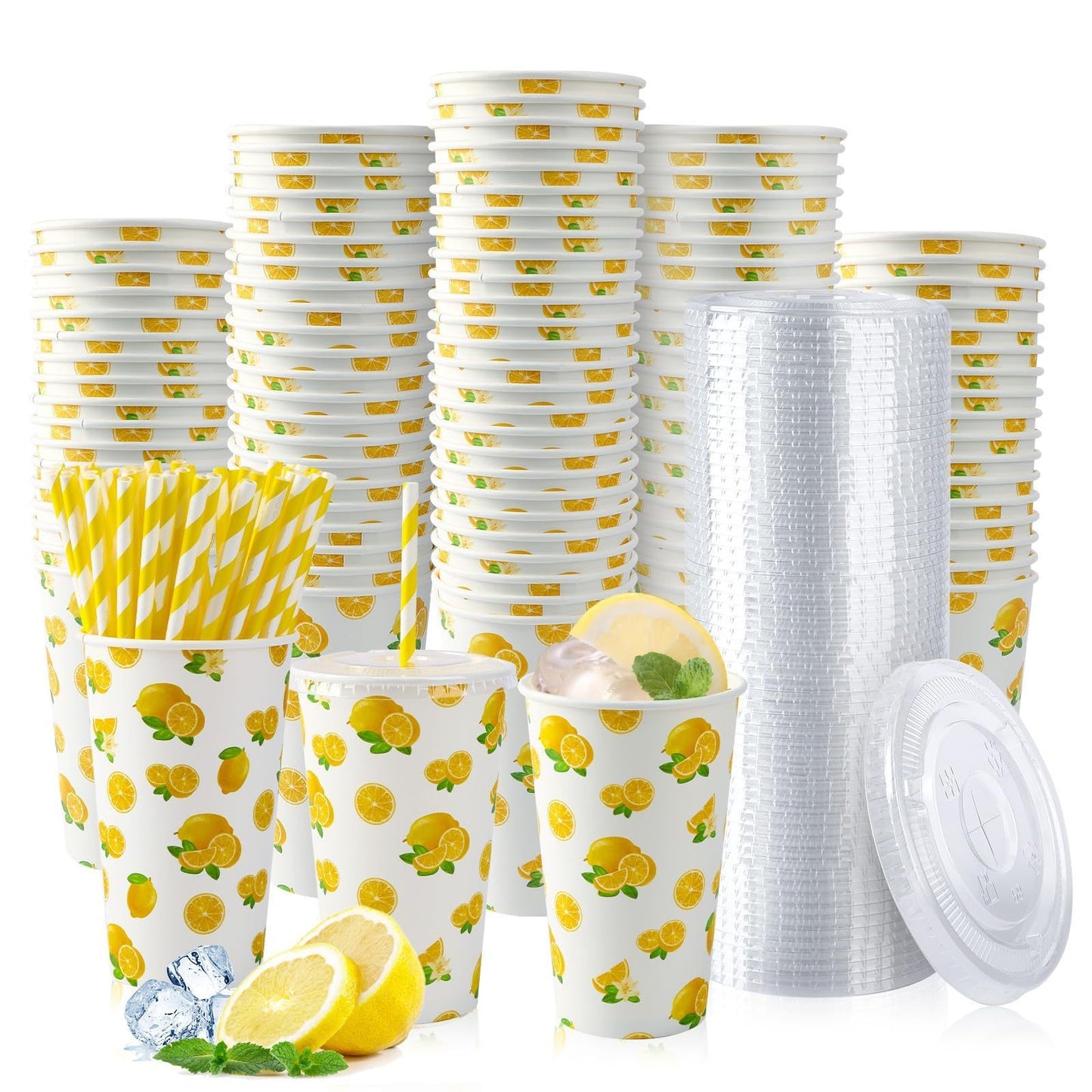 Lemonade Paper Cups Set - 180pcs with Lids & Straws 16oz