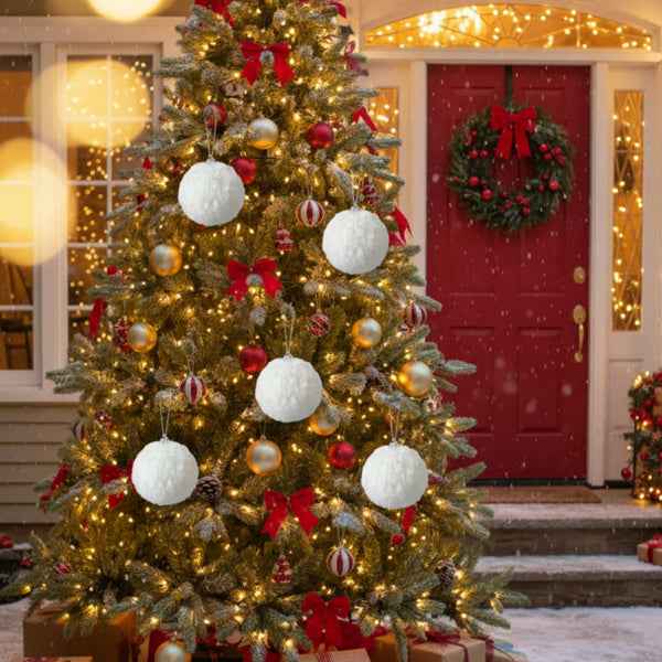 6PCS Cream Ruffle Christmas Ball Ornaments - White Polyester Hanging Tree Decorations (4 inch) - DropOnline.co