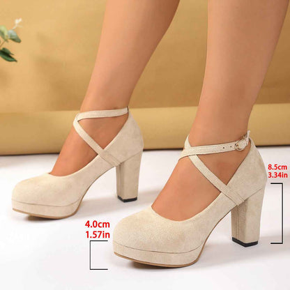 Shallow High-heel Chunky Heel Suede Cross-strap Women's Shoes