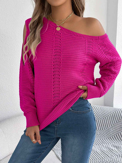Women Casual Solid Color Hollow Out Off-Shoulder Long Sleeve Pullover Sweater