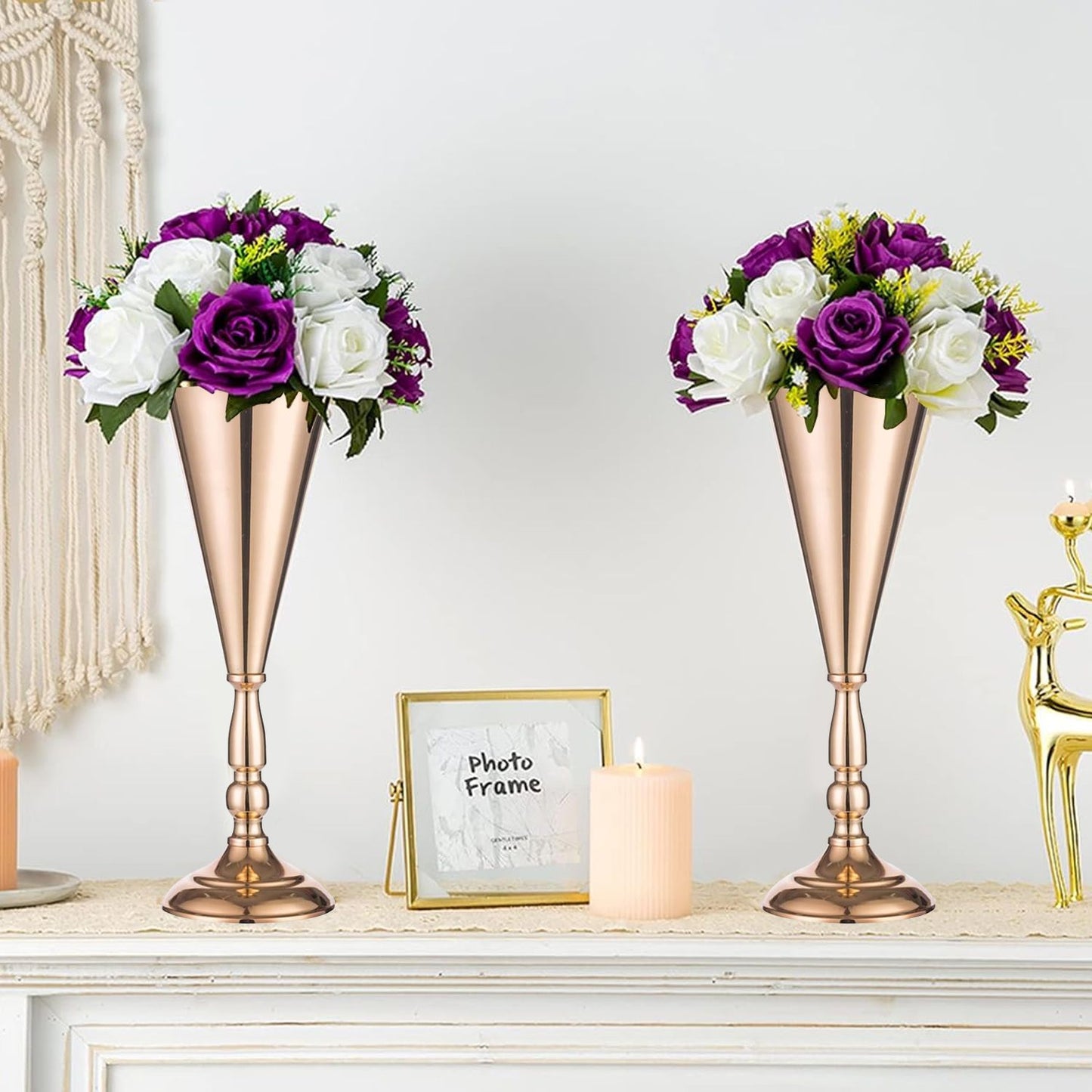 Golden Vase Flower Wedding Centerpieces For Tables 14 In Tall Flower Display Stand Wedding Metal Flower Arrangement Stand Trumpet Vase Tabletop Stand For Home Anniversary Ceremony Party