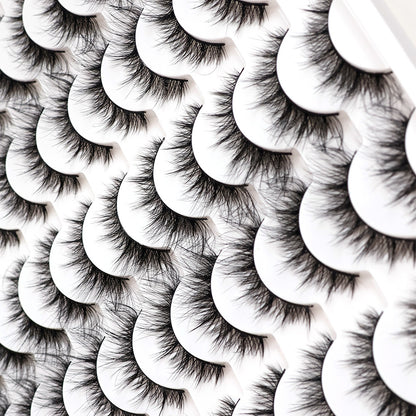 3D false eyelashes, multi-layered and realistic, soft and comfortable on white display trays.