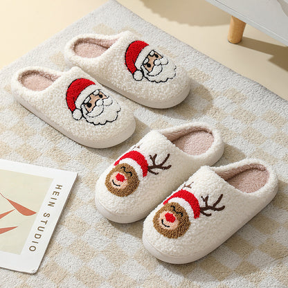 Christmas Home Slippers Cute Cartoon Santa Claus Cotton Slippers For Women And Men Couples Winter Warm Furry Shoes - DropOnline.co