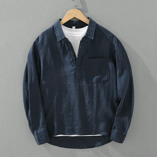 Retro Linen Shirt Men's Loose Fit - Long Sleeve Square Collar Vintage Style