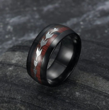Stainless Steel Wood Grain Arrow Inlaid Ring - DropOnline.co
