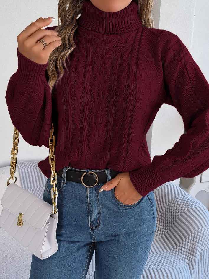 Women Casual Turtleneck Cable Knit Long Sleeve Pullover Sweater
