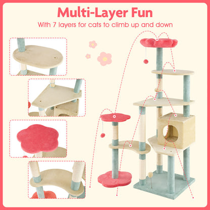 61 Inch Multi-Level Aesthetic Floral Kitten Tower With Flower-Shaped Padded Perch - DropOnline.co