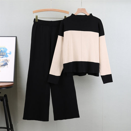 Loose Color-Blocked Sweater and Wide-Leg Pants Set - Trendy Two-Piece Outfit