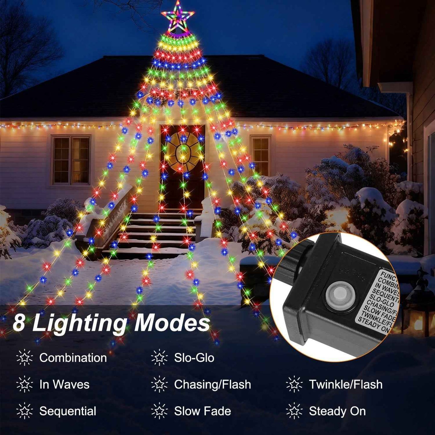 11.48FT 350LED Multicolored Christmas Star Waterfall Tree String Light - 8 Modes - DropOnline.co