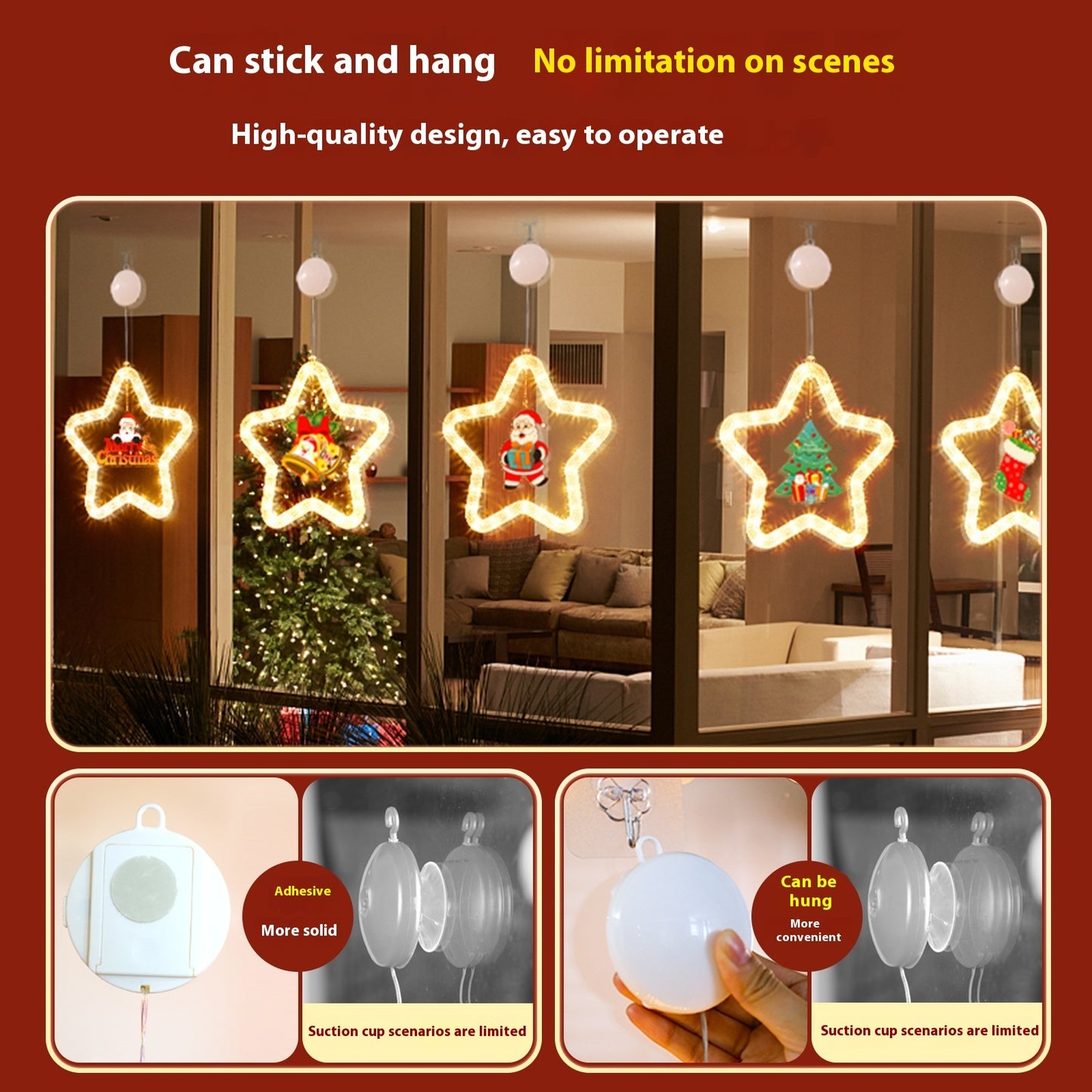 Christmas LED Star Pendant Light - Battery Powered Window Door Decoration with Adhesive