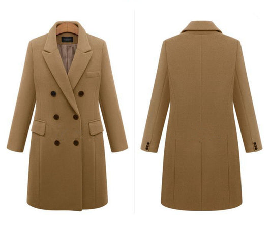 Women's Double-Breasted Woolen Coat - Long Winter Outerwear