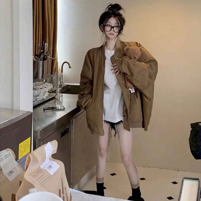 Retro Jacket Top Pilot Coffee Color Stand Collar