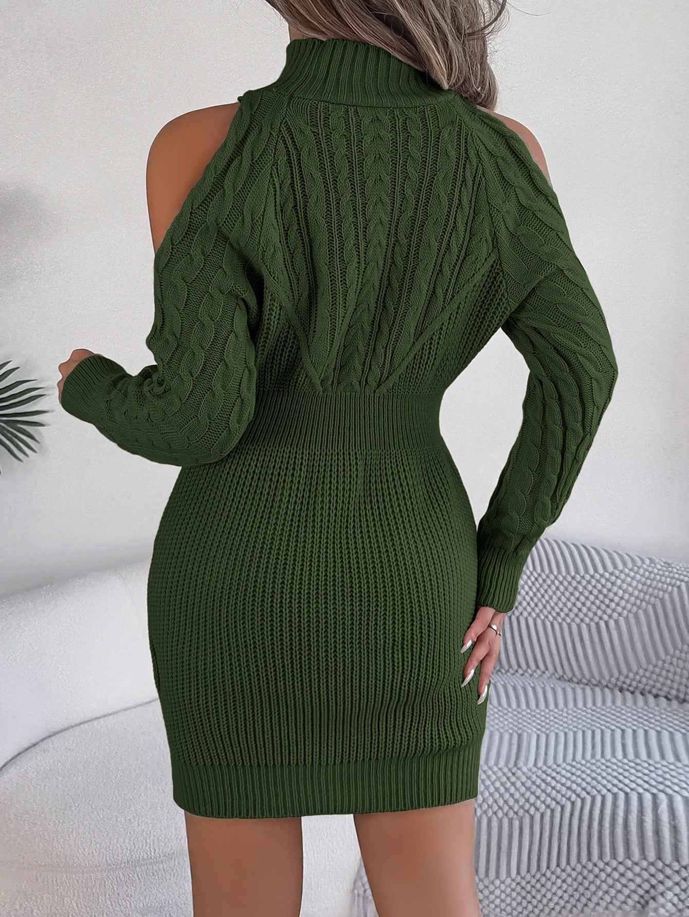 Women Casual Off-Shoulder Half Turtleneck Cable Knit Lantern Sleeve Bodycon Sweater Dress