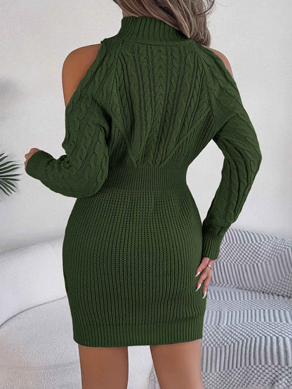 Women Casual Off-Shoulder Half Turtleneck Cable Knit Lantern Sleeve Bodycon Sweater Dress