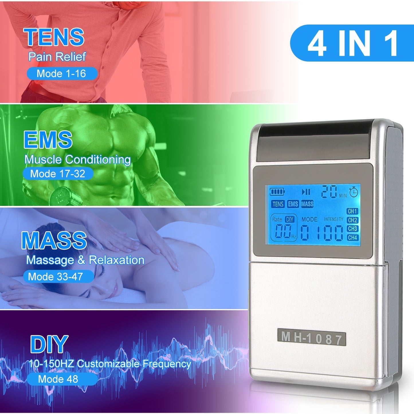 1Pc 4 Channel TENS Unit Muscle Stimulator Rechargeable Digital TENS Muscle Massager With 48 Modes 20 Intensity Levels 8 Pads Timer