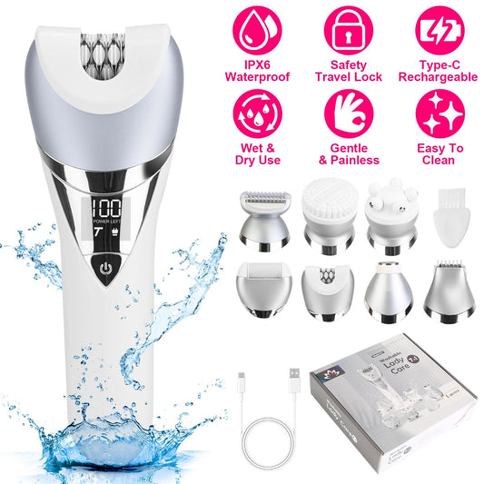 7 In 1 Electric Razor For Women Lady Hair Removal Epilators For Leg Face Arm Bikini Armpit Public Hairs IPX6 Wet And Dry Use Cordless Rechargeable Whole Body Trimmer And Shaver Kit
