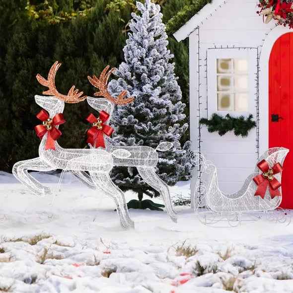 3-Piece Lighted Set - 2 Reindeer & Sleigh with 270 LED White Lights - DropOnline.co