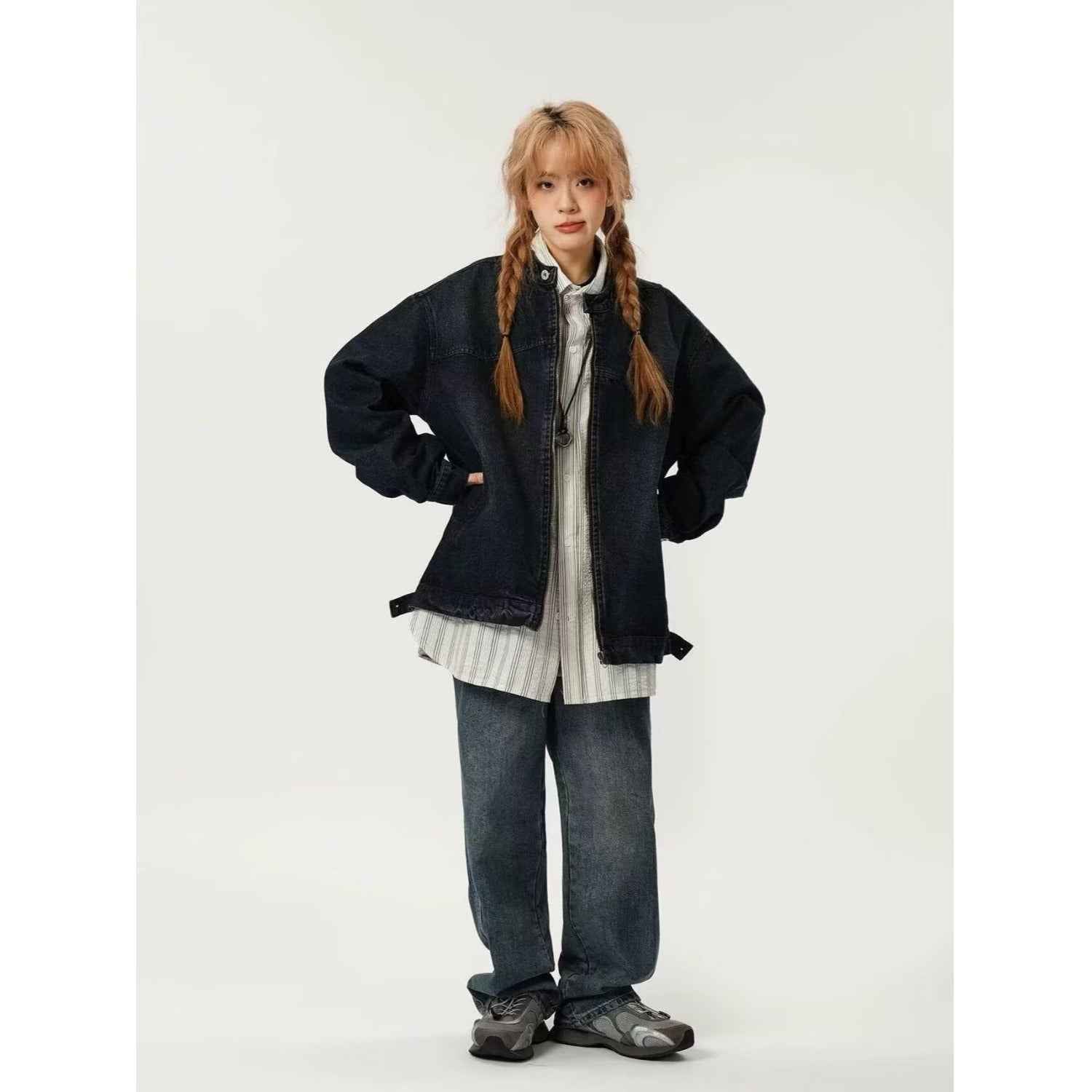 Women's Denim Jacket Spring And Autumn Style Washed Distressed Stand-collar Workwear