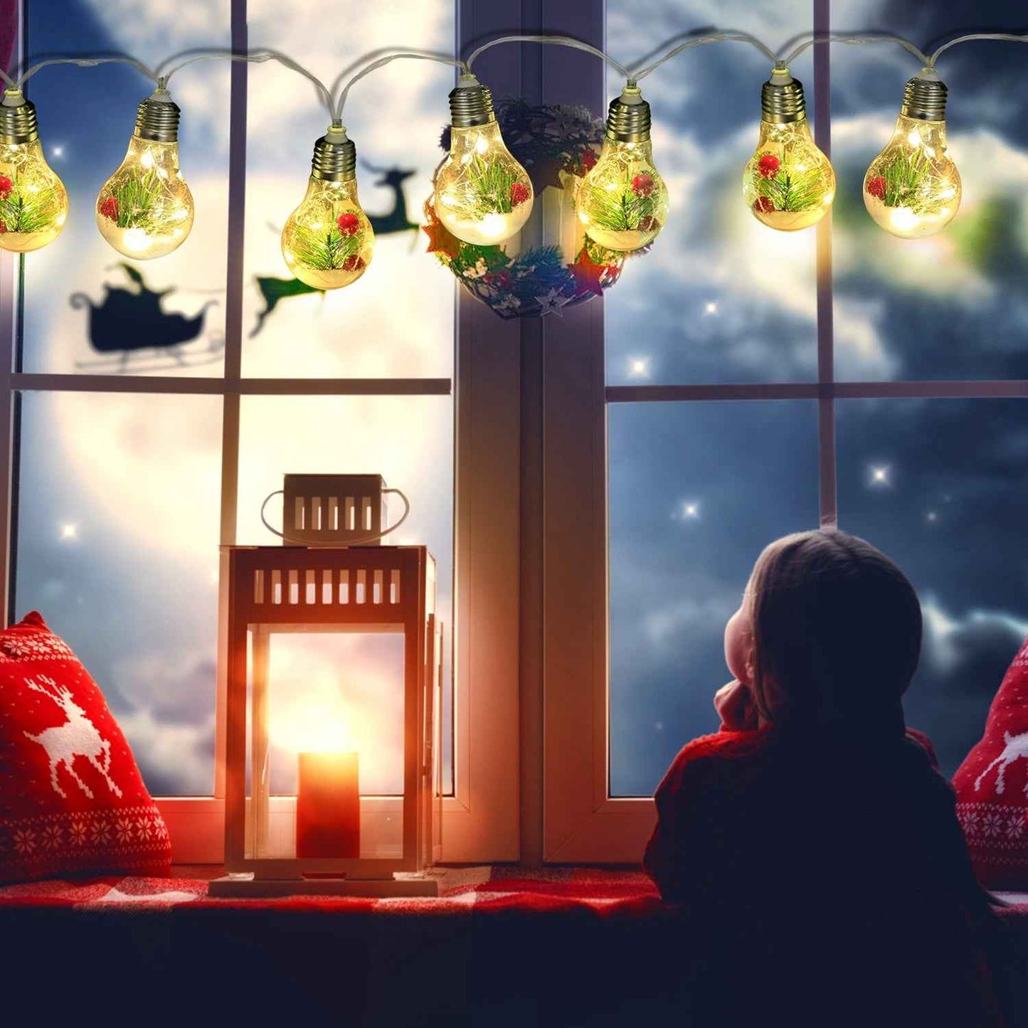 1Pc 13.78FT Christmas Snow Globe String Light Battery Powered 10 LED Bulbs Indoor Christmas Lights With Pine Needles Snowflakes Berries - DropOnline.co