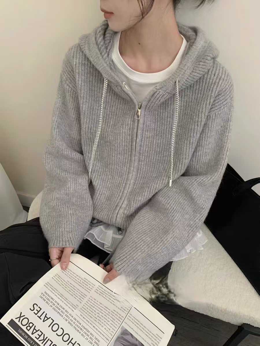 Double Zipper Hooded Knitted Niche Sweater Coat