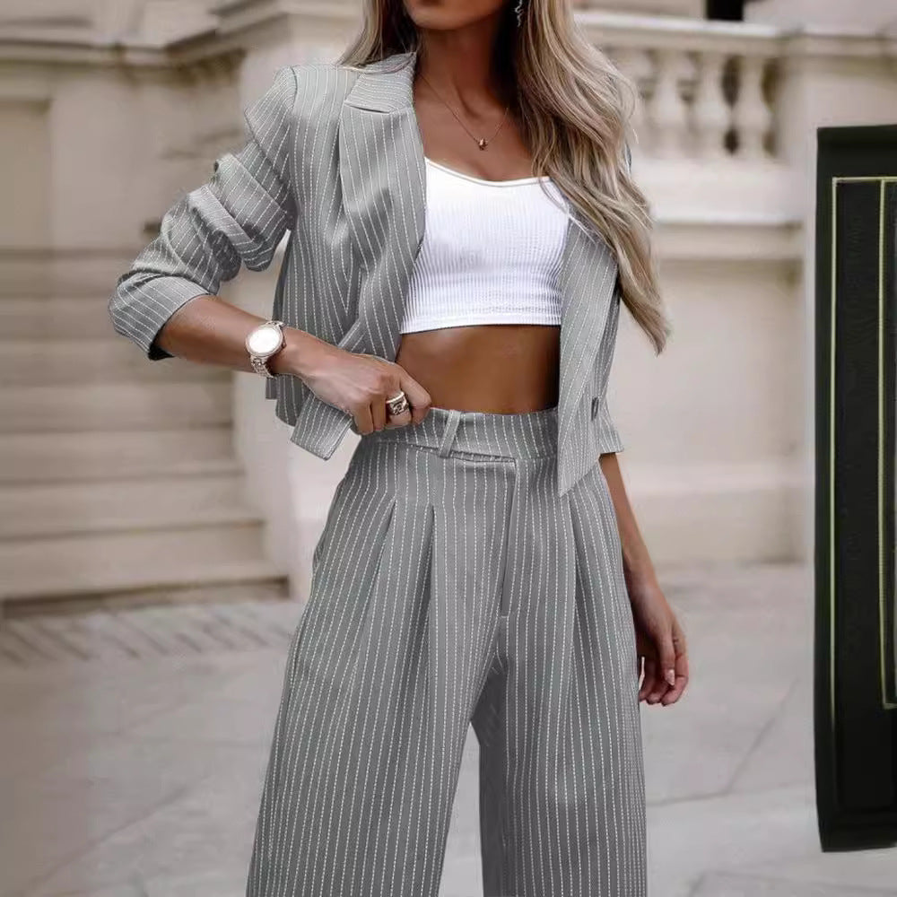 Women's Striped Suit Set - Elegant Short Lapel Jacket & Straight Pants