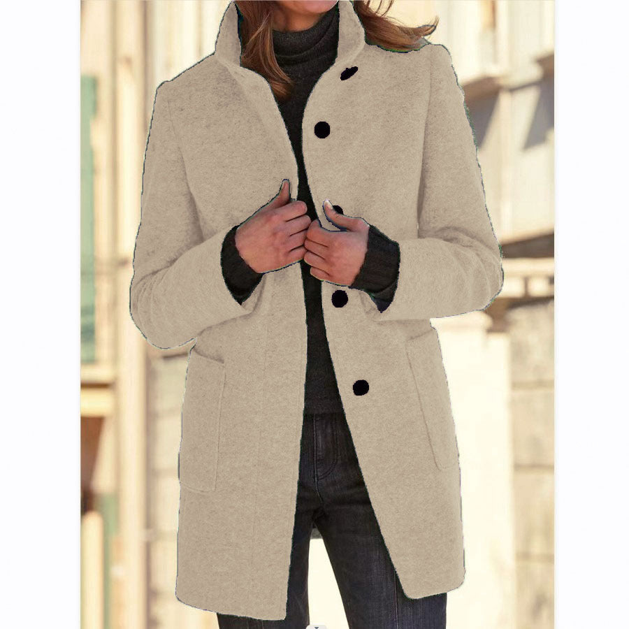 Pure Color Button Stand Collar Woolen Outwear