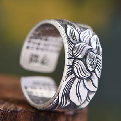 Thai Silver Black Lotus Heart Sutra  Ring - DropOnline.co