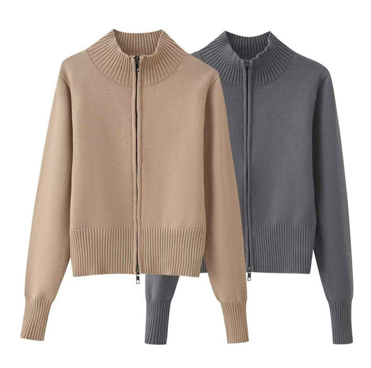 Knitted Zipper Versatile Solid Color Semi-high Neck Long Sleeve Cardigan Sweater