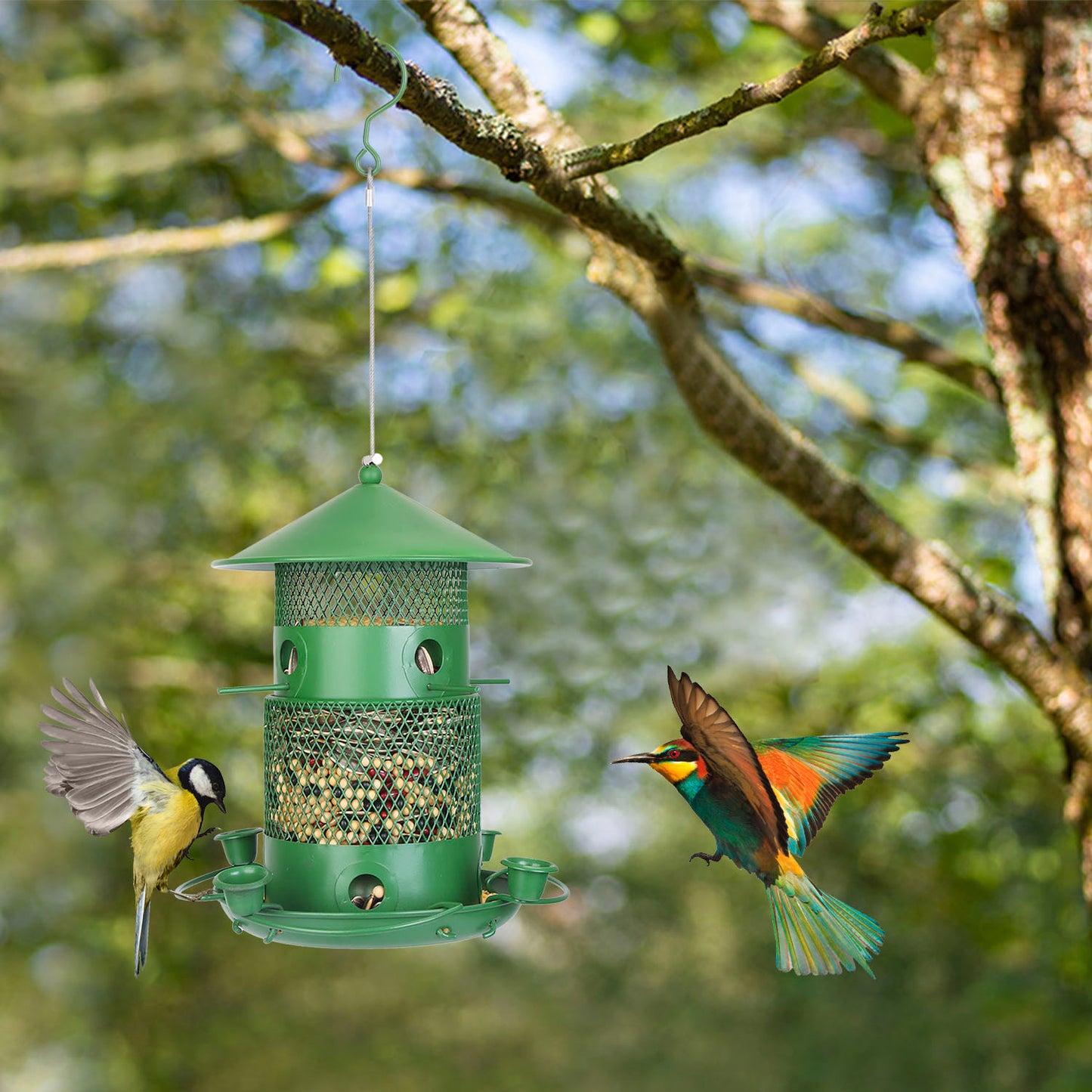 1Pc Wild Bird Feeder Squirrel-Proof Chew-Proof Metal Bird Seed Feeder Outdoor Hanging Bird Feeder With 360 Degree Circular Perches Water Cups For Yard Garden Patio