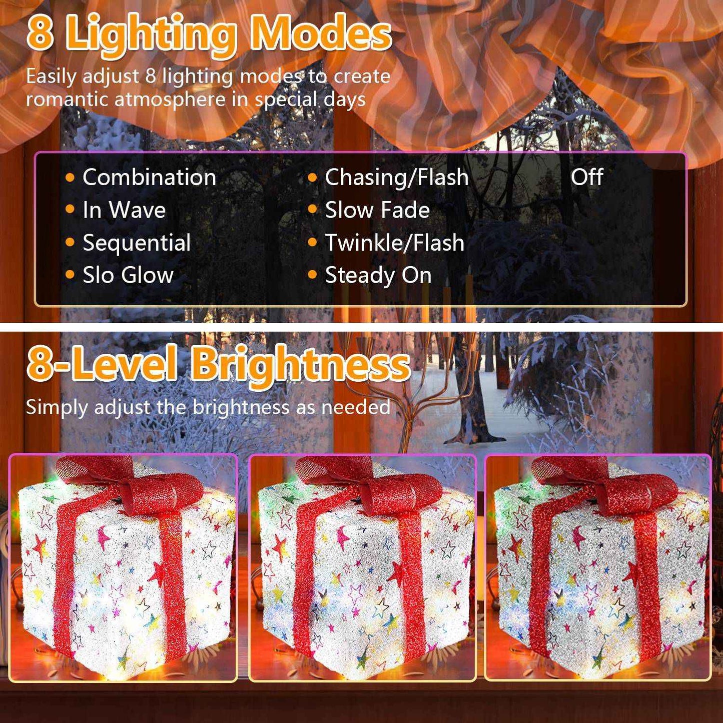 Set of 3 Christmas Lighted Gift Boxes - 50 LED Star/Deer Pattern IP44 Waterproof - DropOnline.co