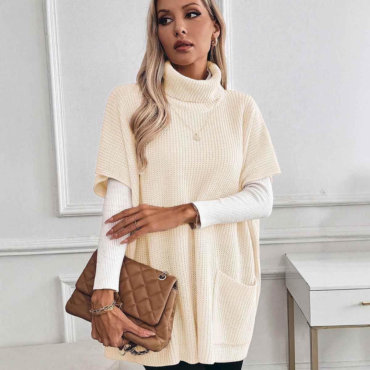 Solid Color Women's Long Sleeveless High-neck Sweater