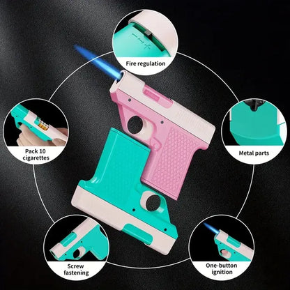Windproof Adjustable Flame Lighter - Portable Liquid Gas Filling Igniter, Zinc Alloy Shell, Light Green And Pink Handle, Suitable For Camping, Barbecue And Baking (no Battery Required)