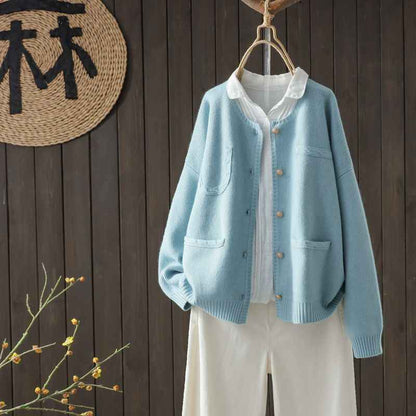 Autumn And Winter Long-sleeved Knitted Sweater With Button Pocket Outerwear