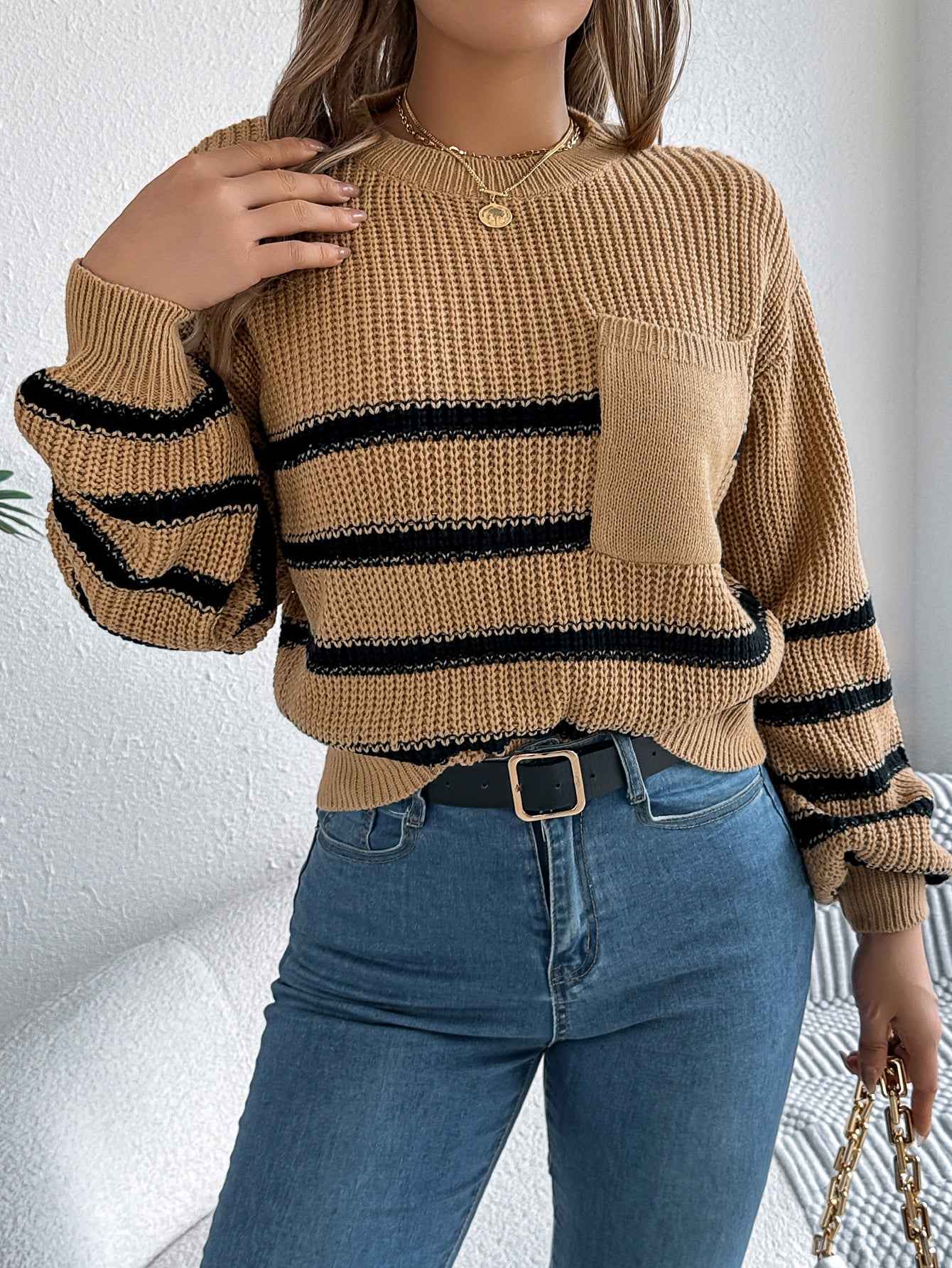 Women Casual Color Block Stripe Lantern Sleeve Pullover Sweater
