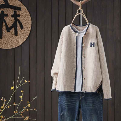 Round Neck Single-breasted Knitted Cardigan Women's Loose Coat