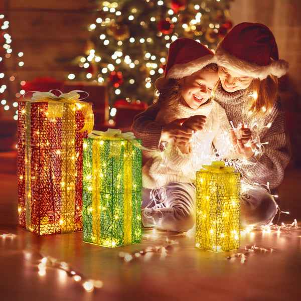 3pcs Green Gold Christmas Lighting Gift Box - 18in-15in-11in Stacking Set - DropOnline.co