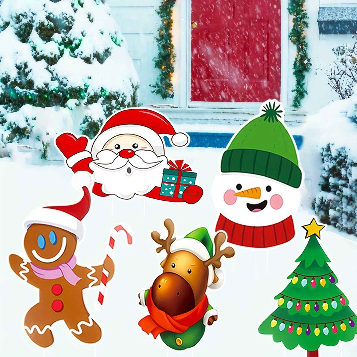 5 Pack Christmas Outdoor Yard Signs with Stakes - Tree Reindeer Santa Gingerbread - DropOnline.co