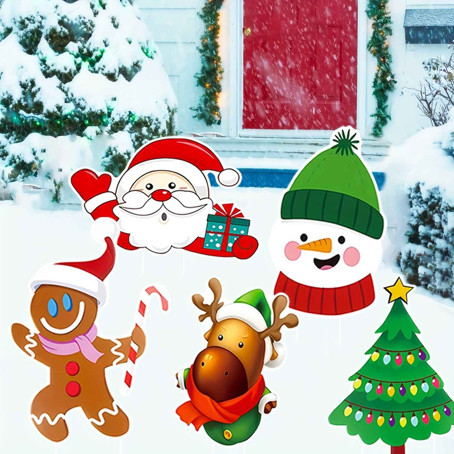 5 Pack Christmas Outdoor Yard Signs with Stakes - Tree Reindeer Santa Gingerbread - DropOnline.co