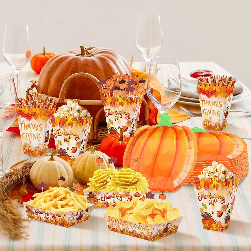134 Pcs Thanksgiving Party Tableware Set - Pumpkin Plates, Popcorn Boxes & Fall Cocktail Picks