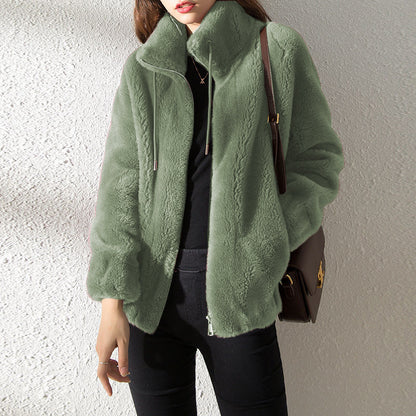Double Faced Fleece Warm High Neck Sweater Women Cardigan - DropOnline.co