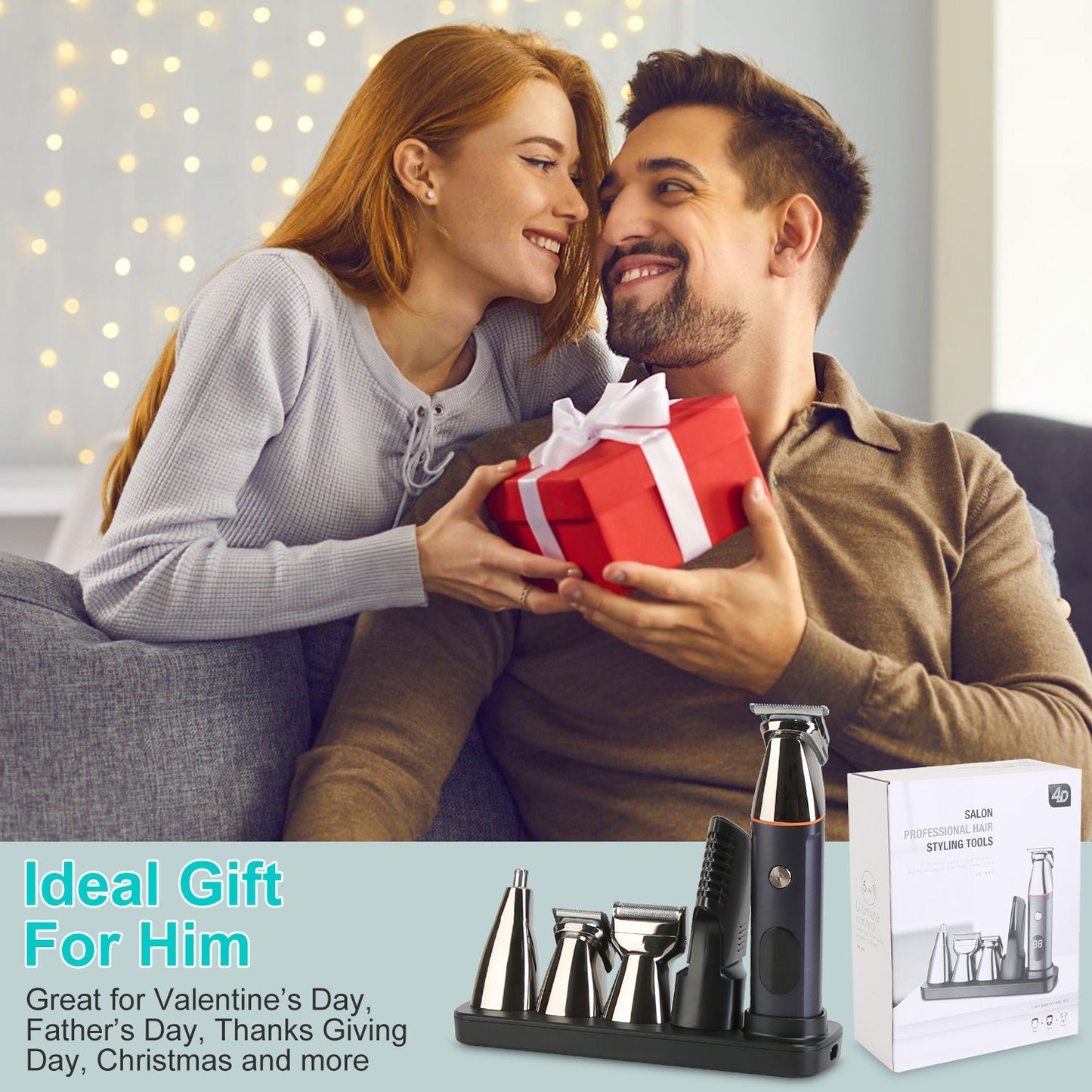 1Set All In One Beard Trimmer For Men With 5 Trimmer Heads IPX5 Waterproof Electric Razor For Face Nose Body Beard Cordless Hair Shaver Clipper Grooming Kit For Men Husband Father